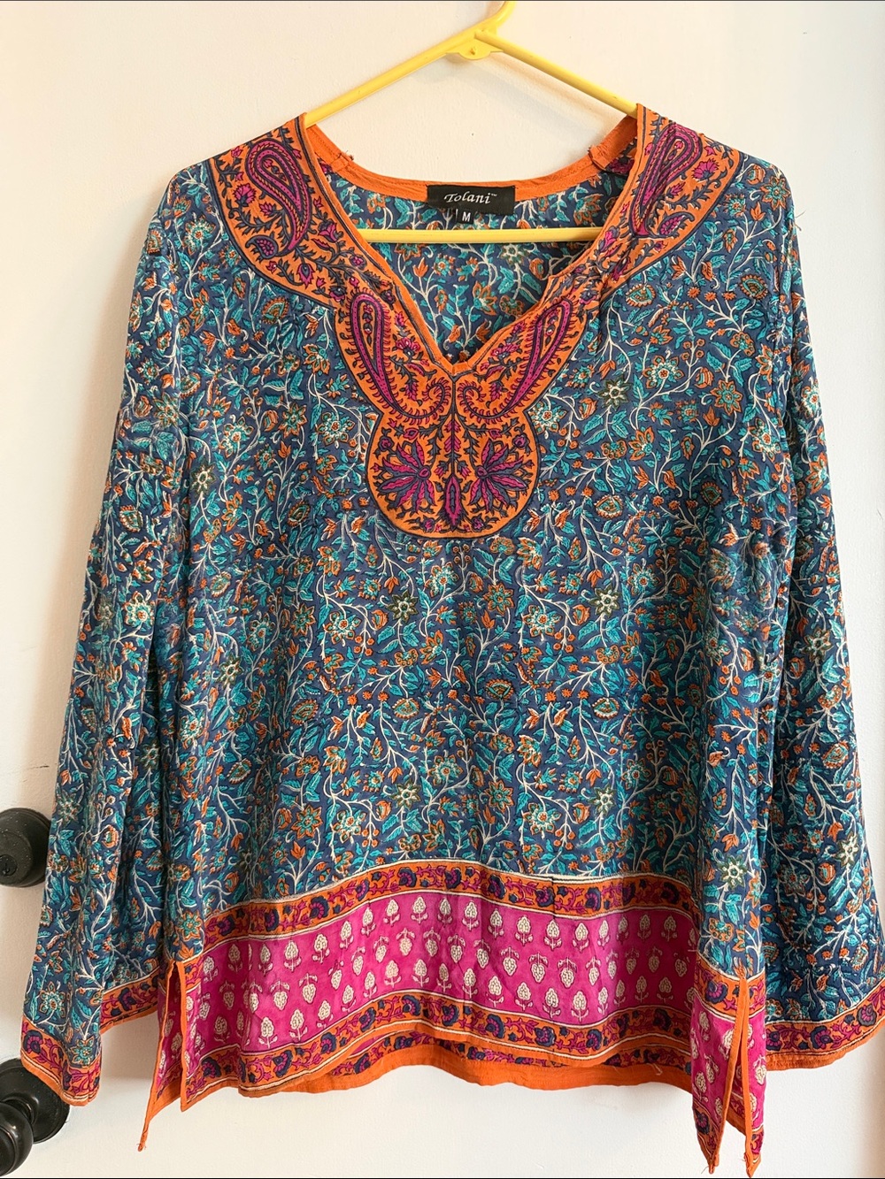 Tolani Printed Silk Blouse bohemian long sleeve medium